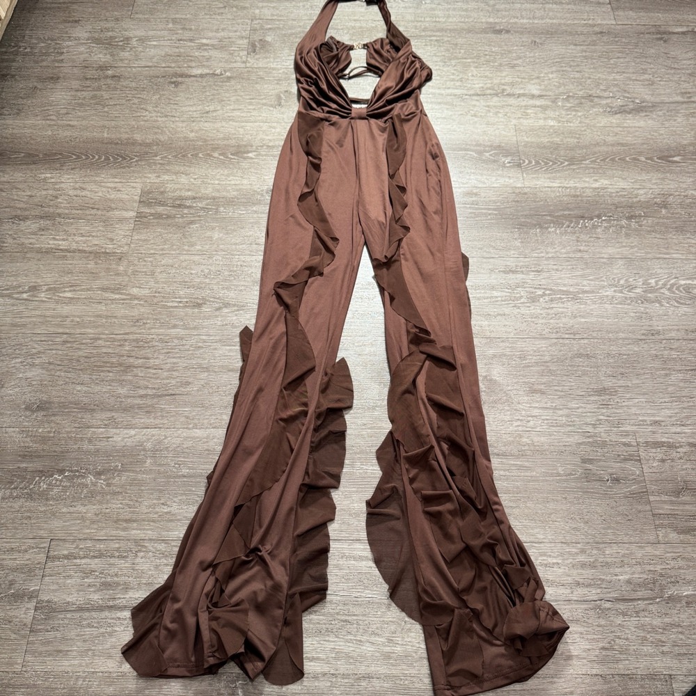 Fashion Nova Jumpsuit Women S Brown Solid Ruffle Flare Leg Halter Neck Cut Out